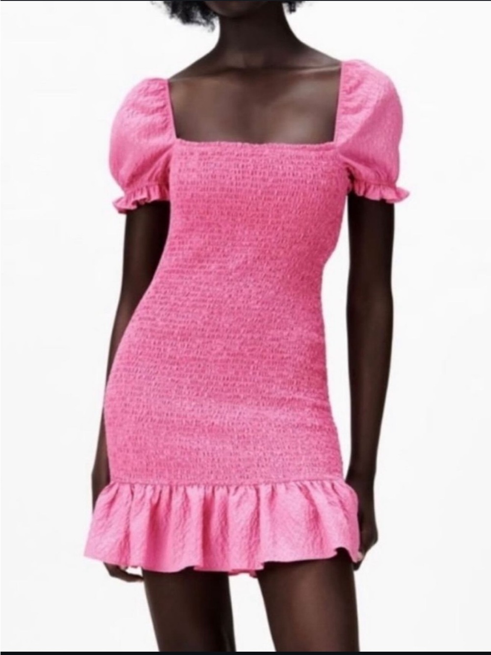 Zara Pink Smocked Mini Dress with Puff Sleeves